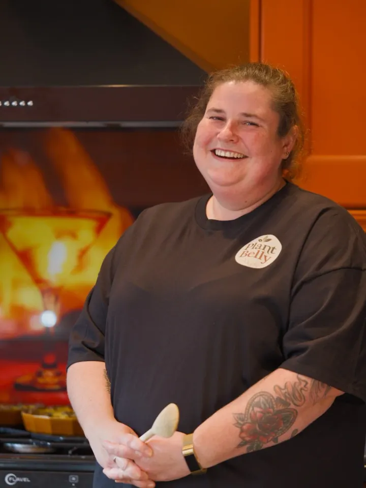 Cathy, co-founder of Plantbelly, in a professional kitchen setting